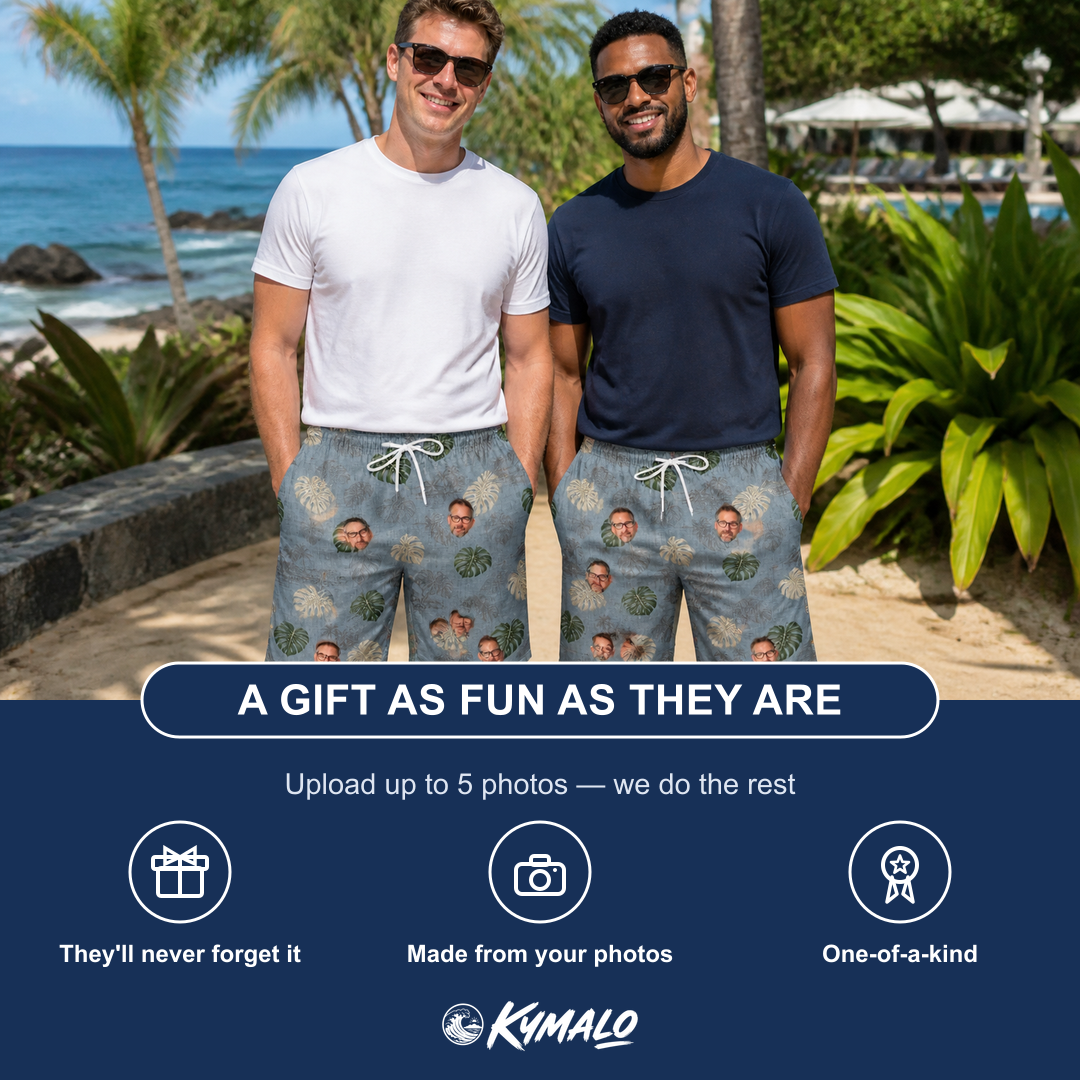 Friends in matching Men's Monstera Mingle Custom Face Beach Shorts — a group gift photo
