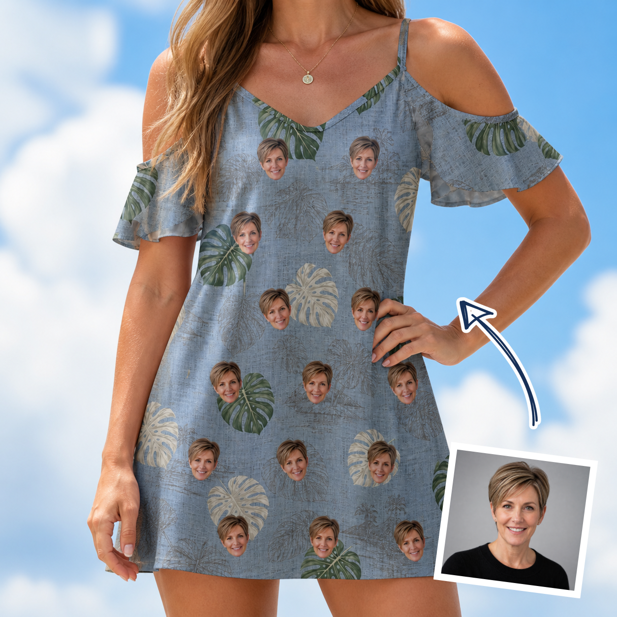 Woman wearing Women's Monstera Mingle Custom Face Off-Shoulder Dress — custom faces printed all-over