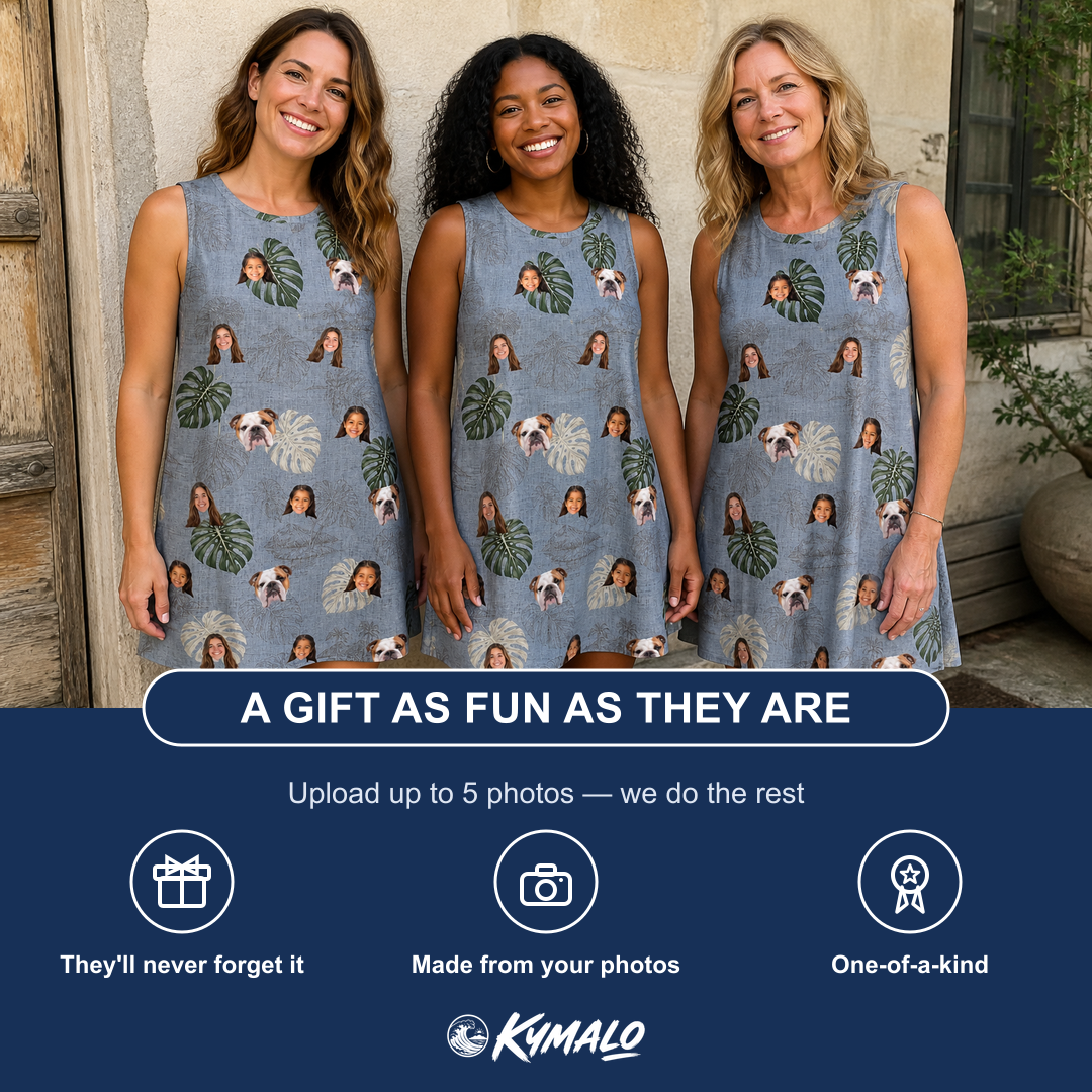 Friends in matching Women's Monstera Mingle Custom Face Tank Dress — a group gift photo
