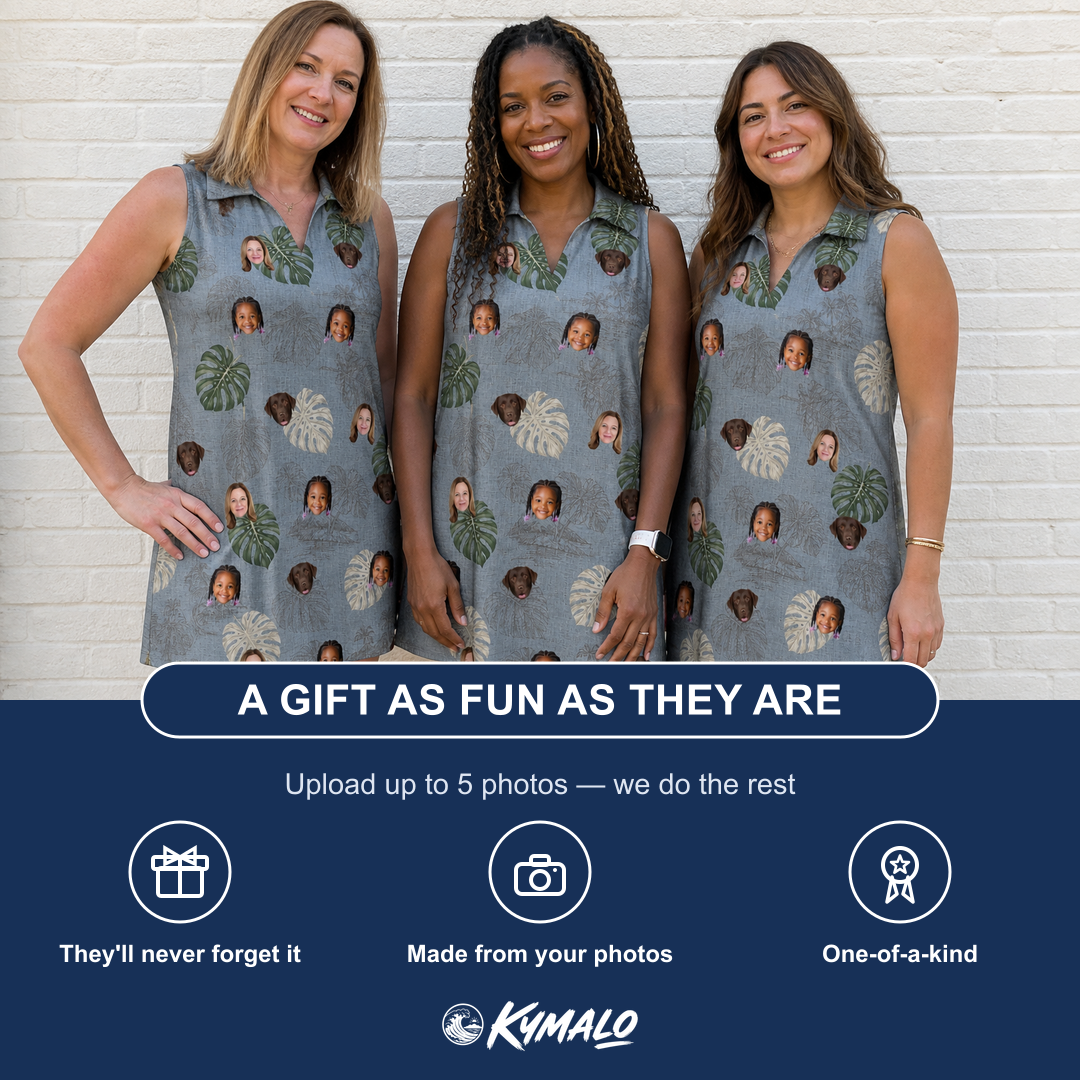 Friends in matching Women's Monstera Mingle Custom Face V-Neck Dress — a group gift photo