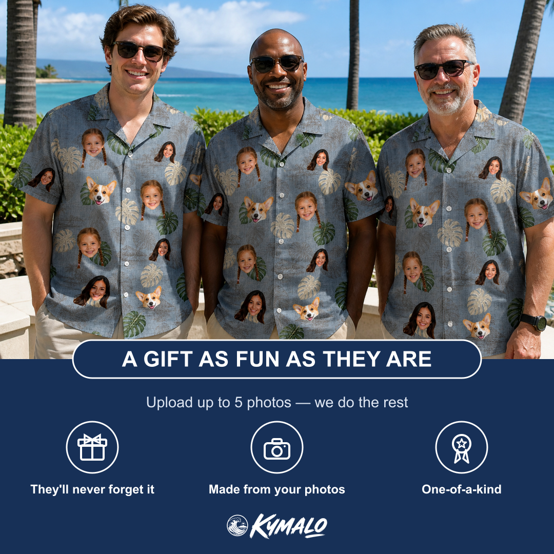 Friends in matching Men's Monstera Mingle Custom Face Hawaiian Shirt — a group gift photo