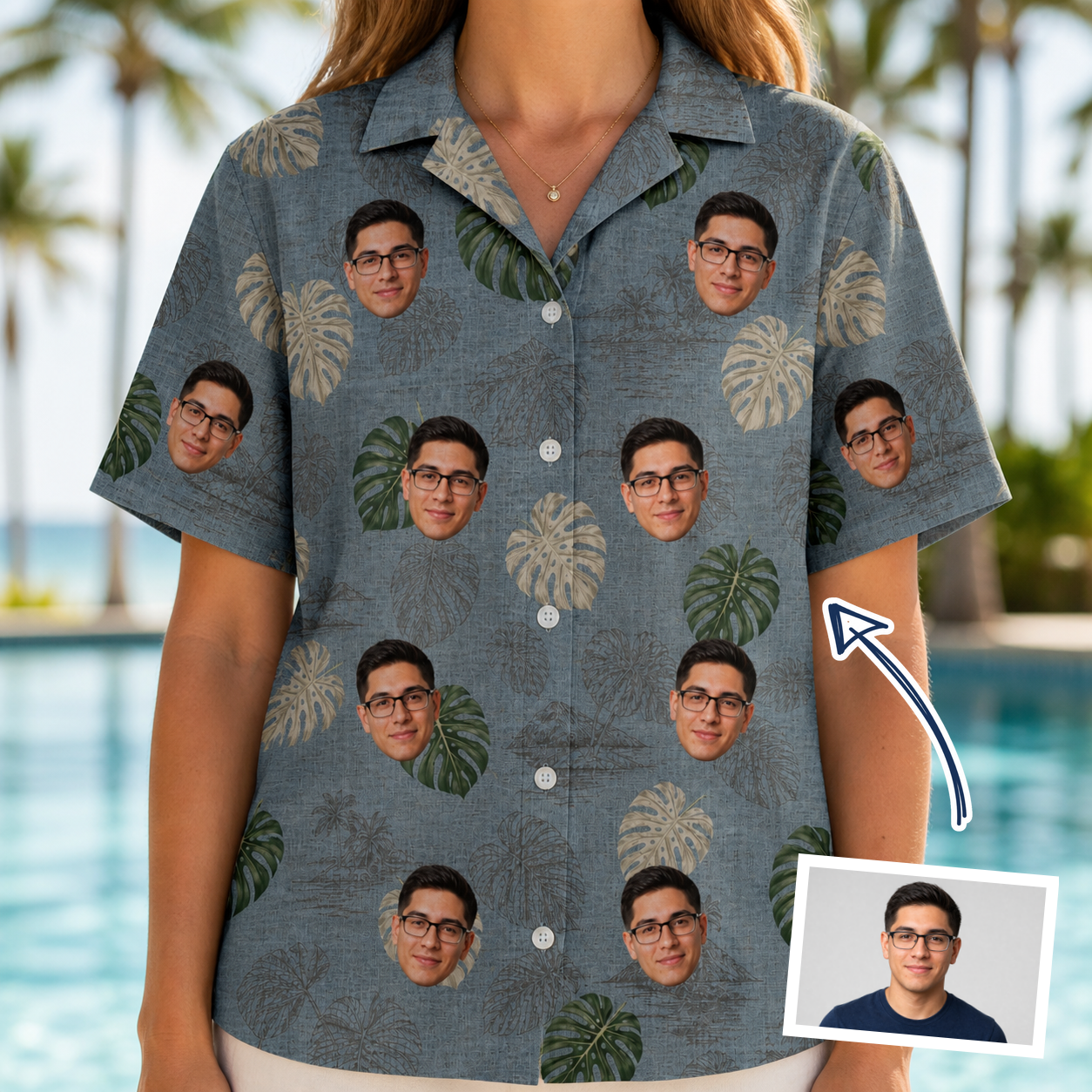 Woman wearing Women's Monstera Mingle Custom Face Hawaiian Shirt — custom faces printed all-over