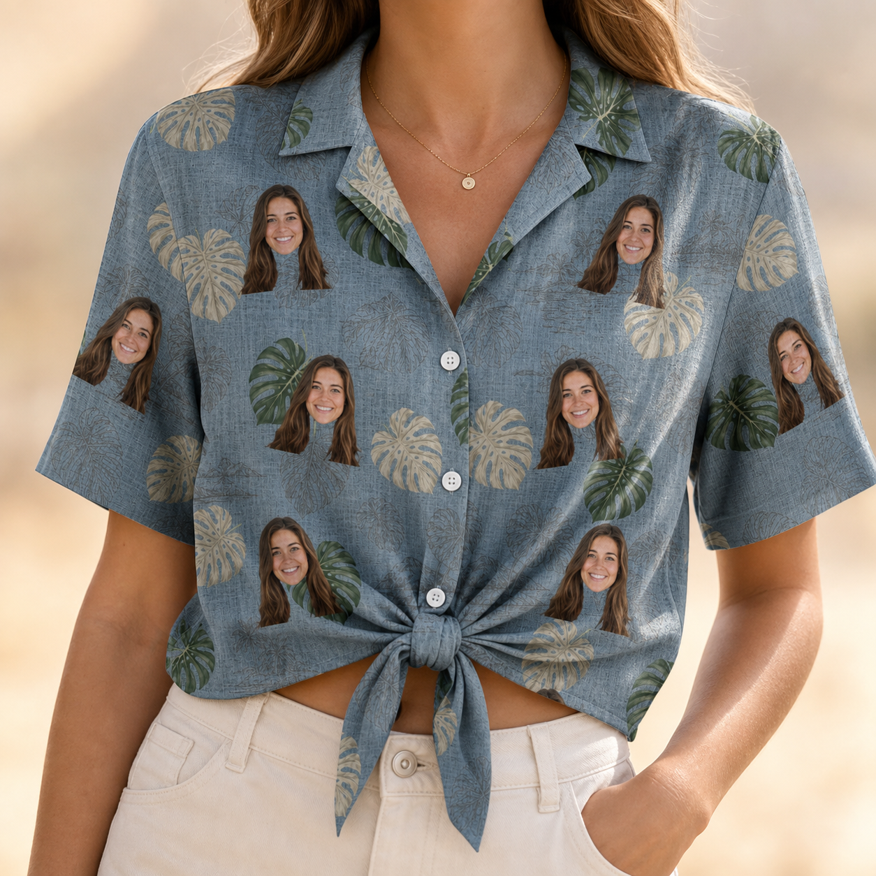 Woman wearing Women's Monstera Mingle Custom Face Hawaiian Shirt tied at the waist