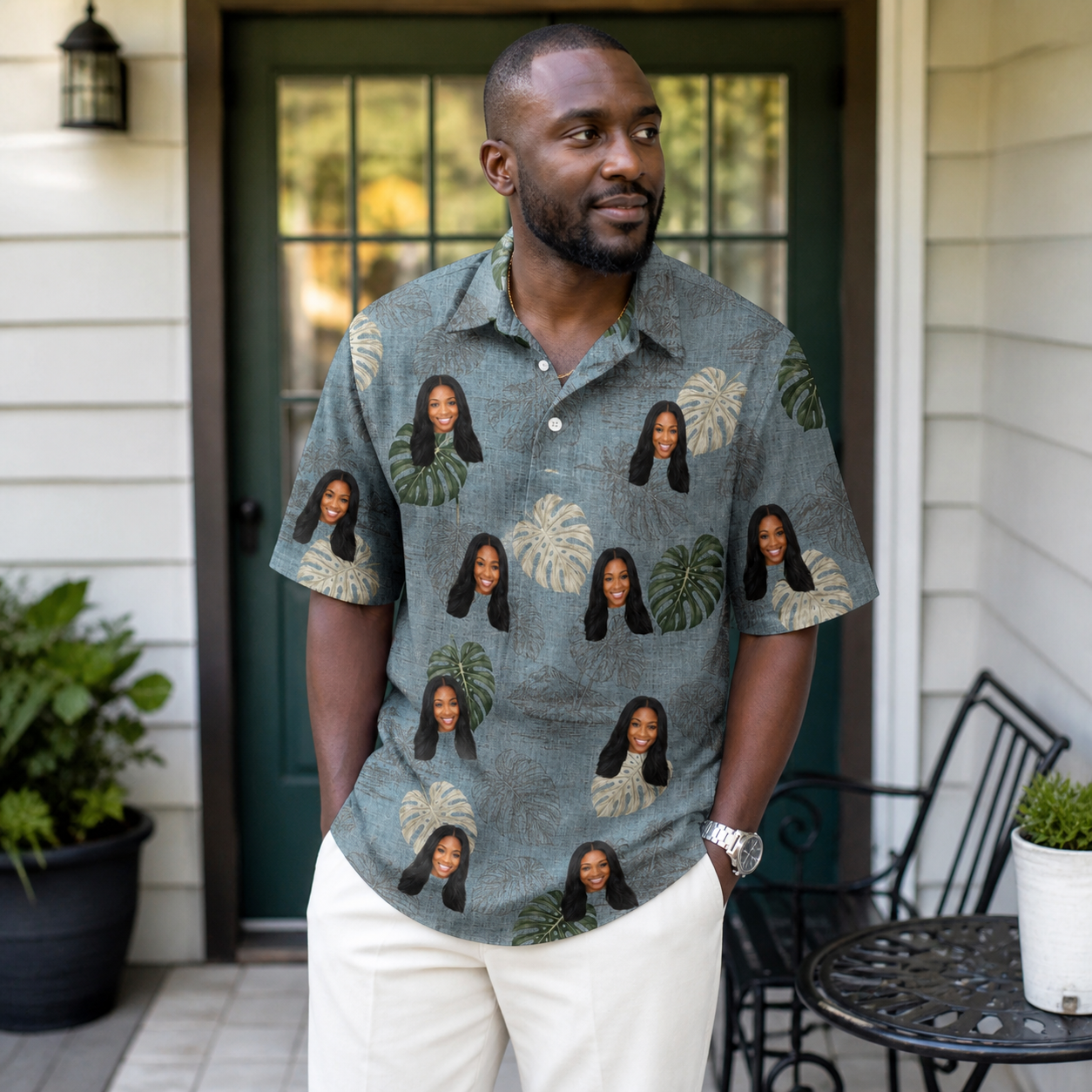 Real-life photo of someone wearing Men's Monstera Mingle Custom Face Polo Shirt — custom faces printed all-over