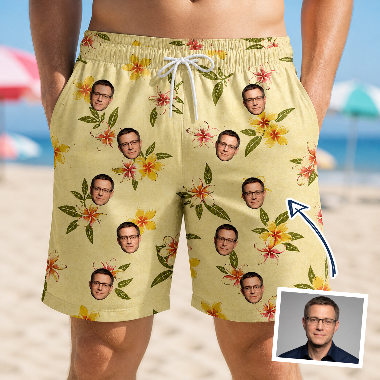 Man wearing Men's Frangipani Frolic Custom Face Beach Shorts — custom faces printed all-over
