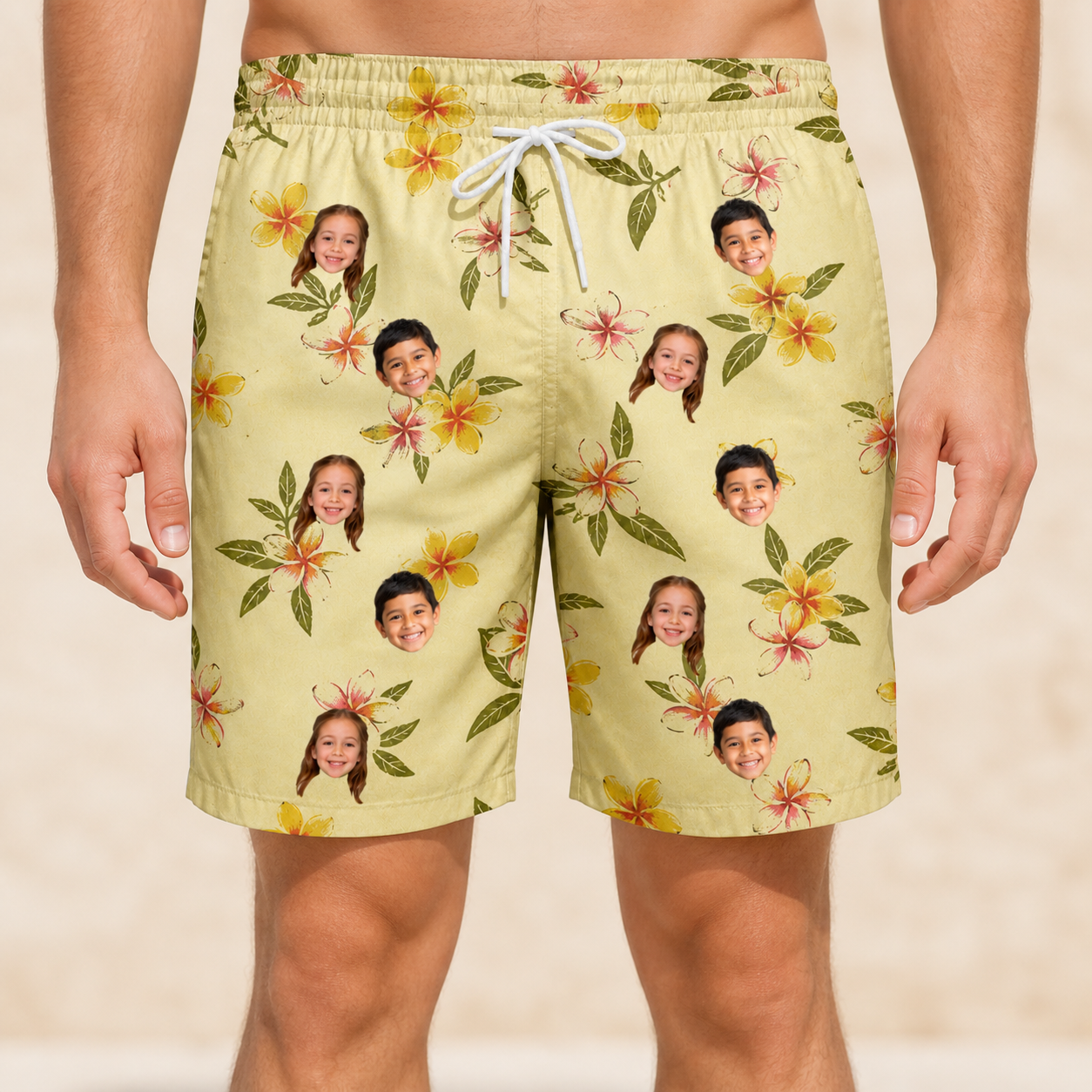 Model wearing Men's Frangipani Frolic Custom Face Beach Shorts printed with kids' faces