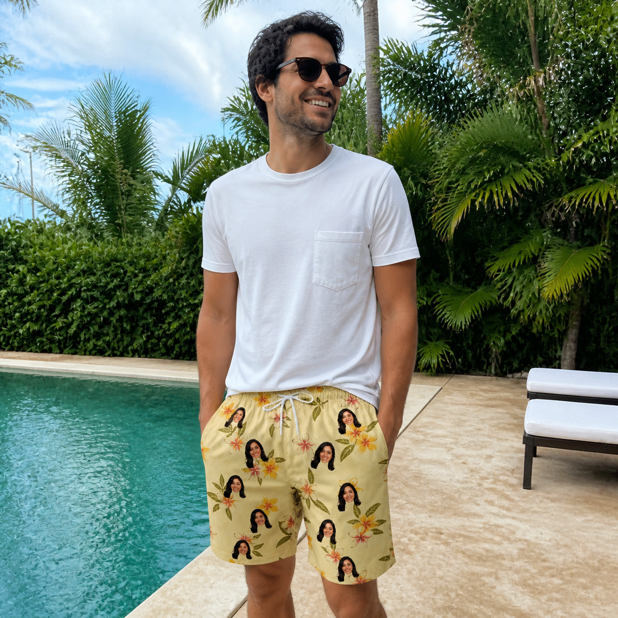 Real-life photo of someone wearing Men's Frangipani Frolic Custom Face Beach Shorts — custom faces printed all-over