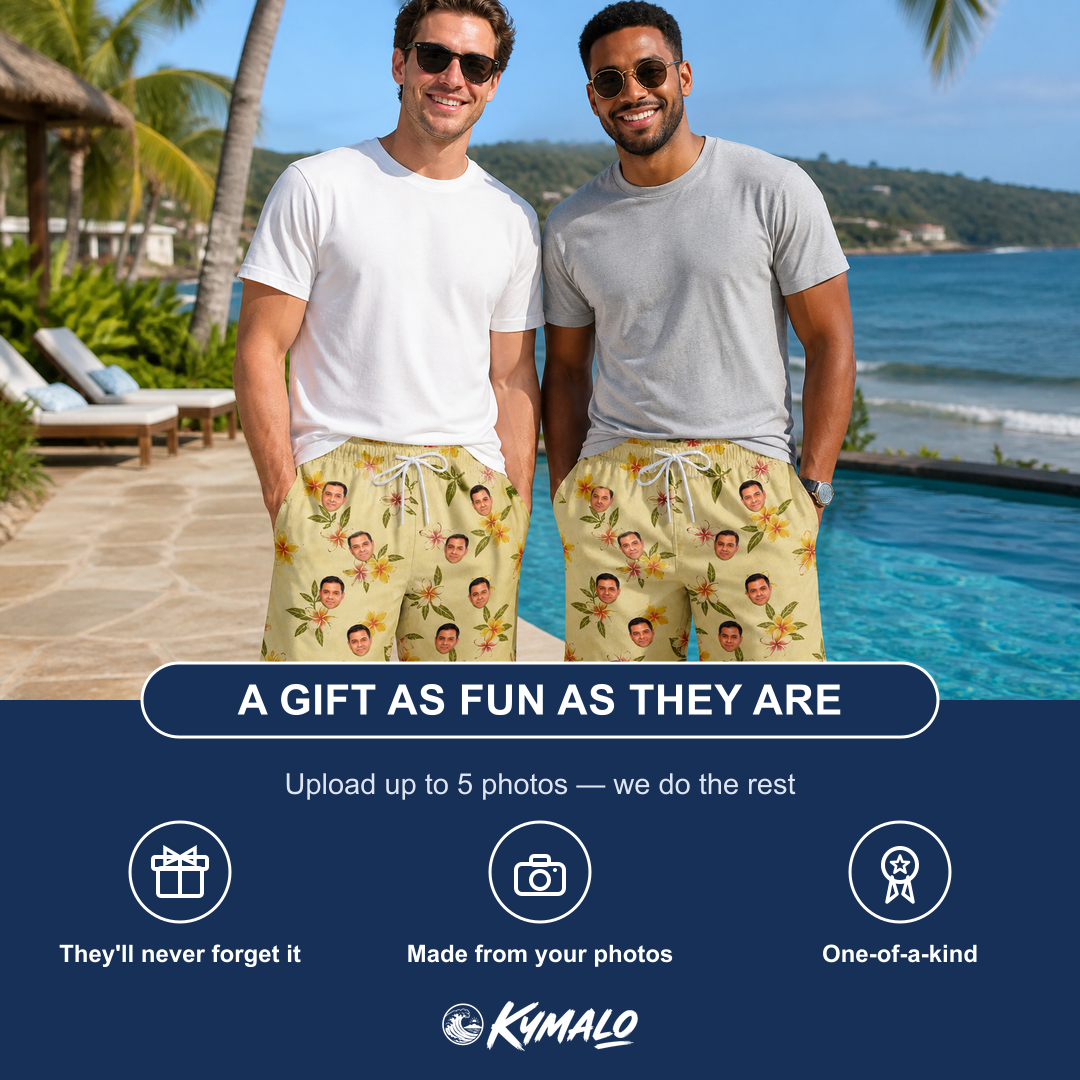 Friends in matching Men's Frangipani Frolic Custom Face Beach Shorts — a group gift photo
