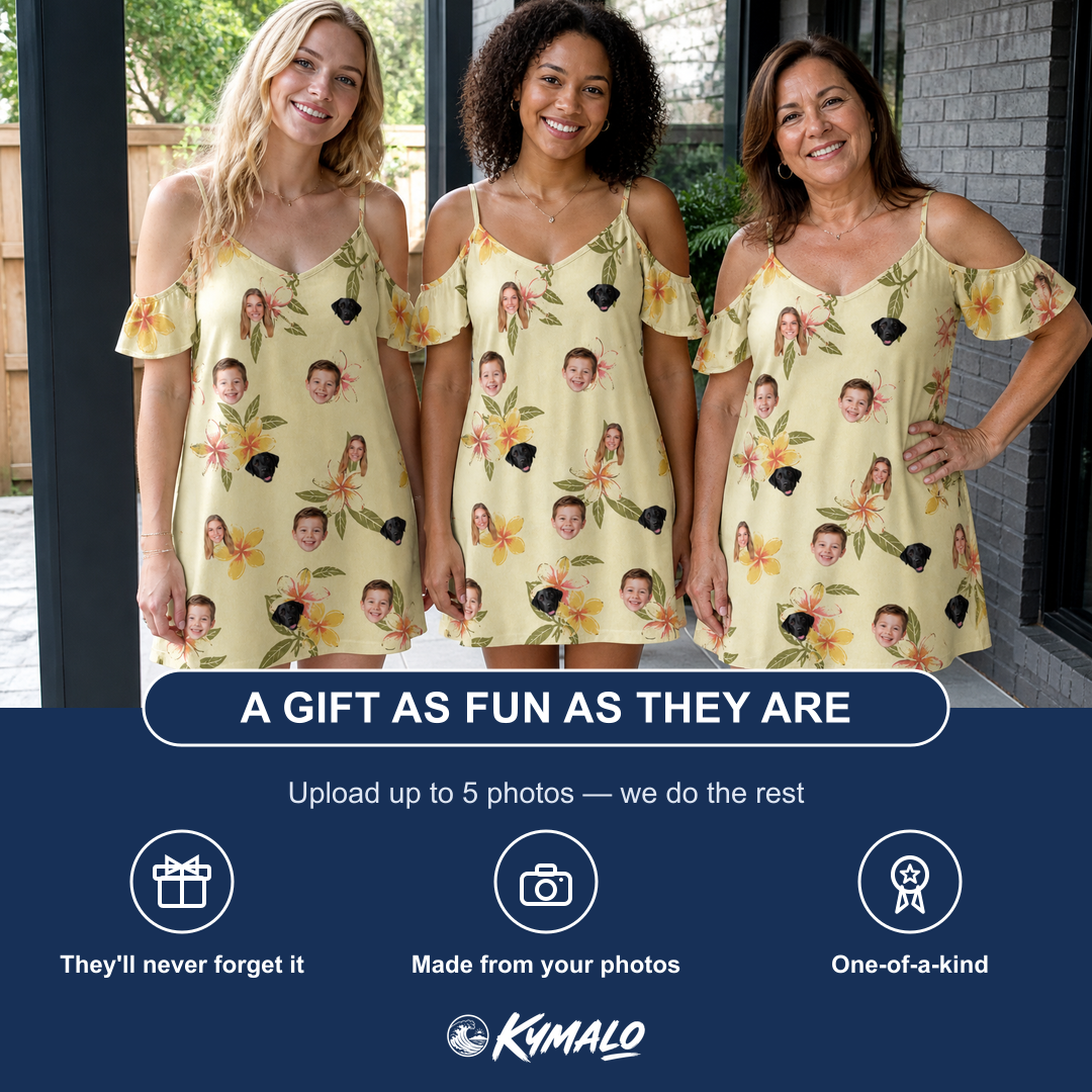 Friends in matching Women's Frangipani Frolic Custom Face Off-Shoulder Dress — a group gift photo
