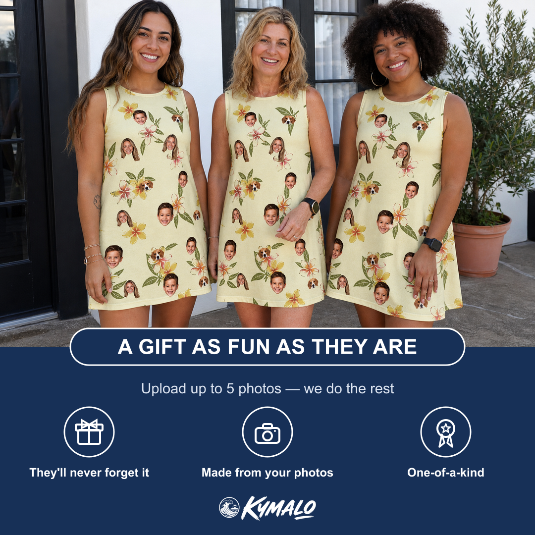 Friends in matching Women's Frangipani Frolic Custom Face Tank Dress — a group gift photo
