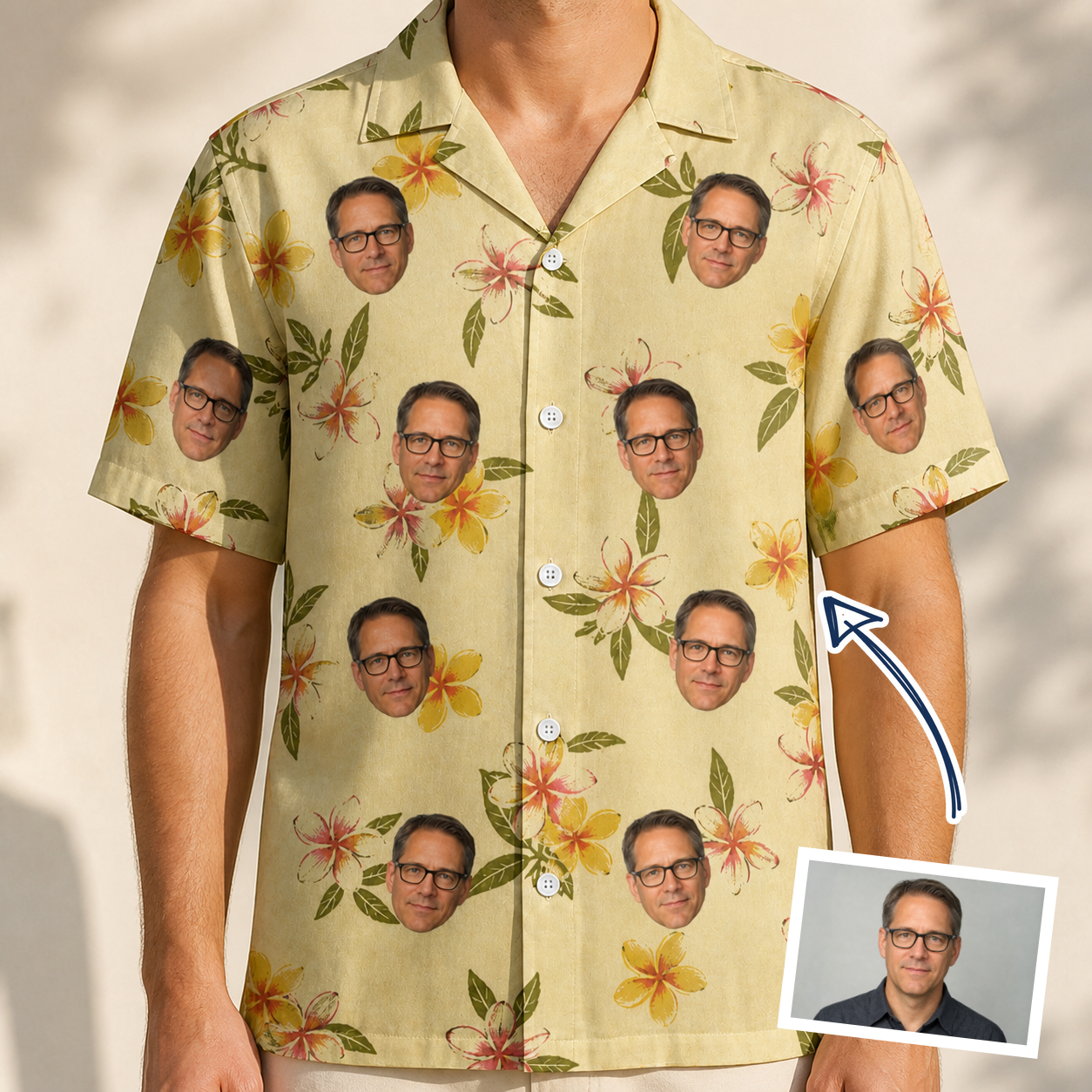 Man wearing Men's Frangipani Frolic Custom Face Hawaiian Shirt — custom faces printed all-over