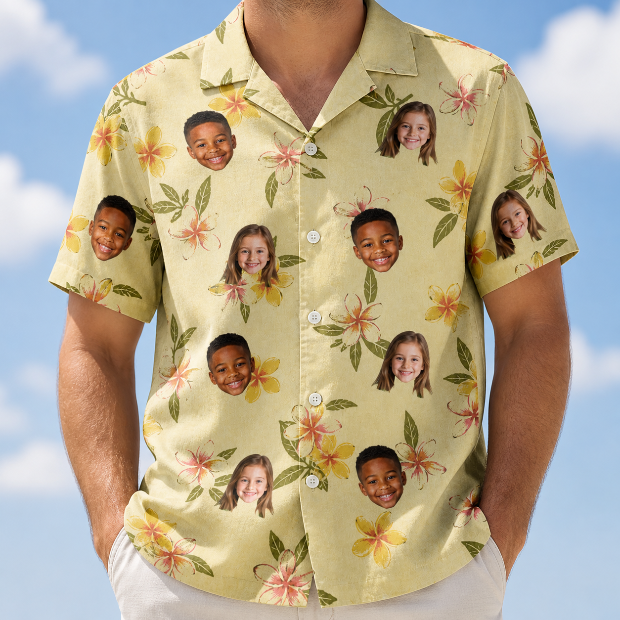 Model wearing Men's Frangipani Frolic Custom Face Hawaiian Shirt printed with kids' faces