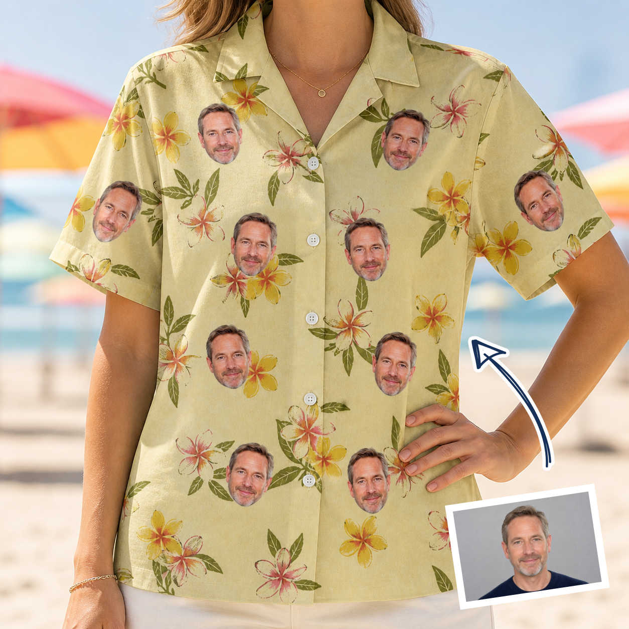 Woman wearing Women's Frangipani Frolic Custom Face Hawaiian Shirt — custom faces printed all-over