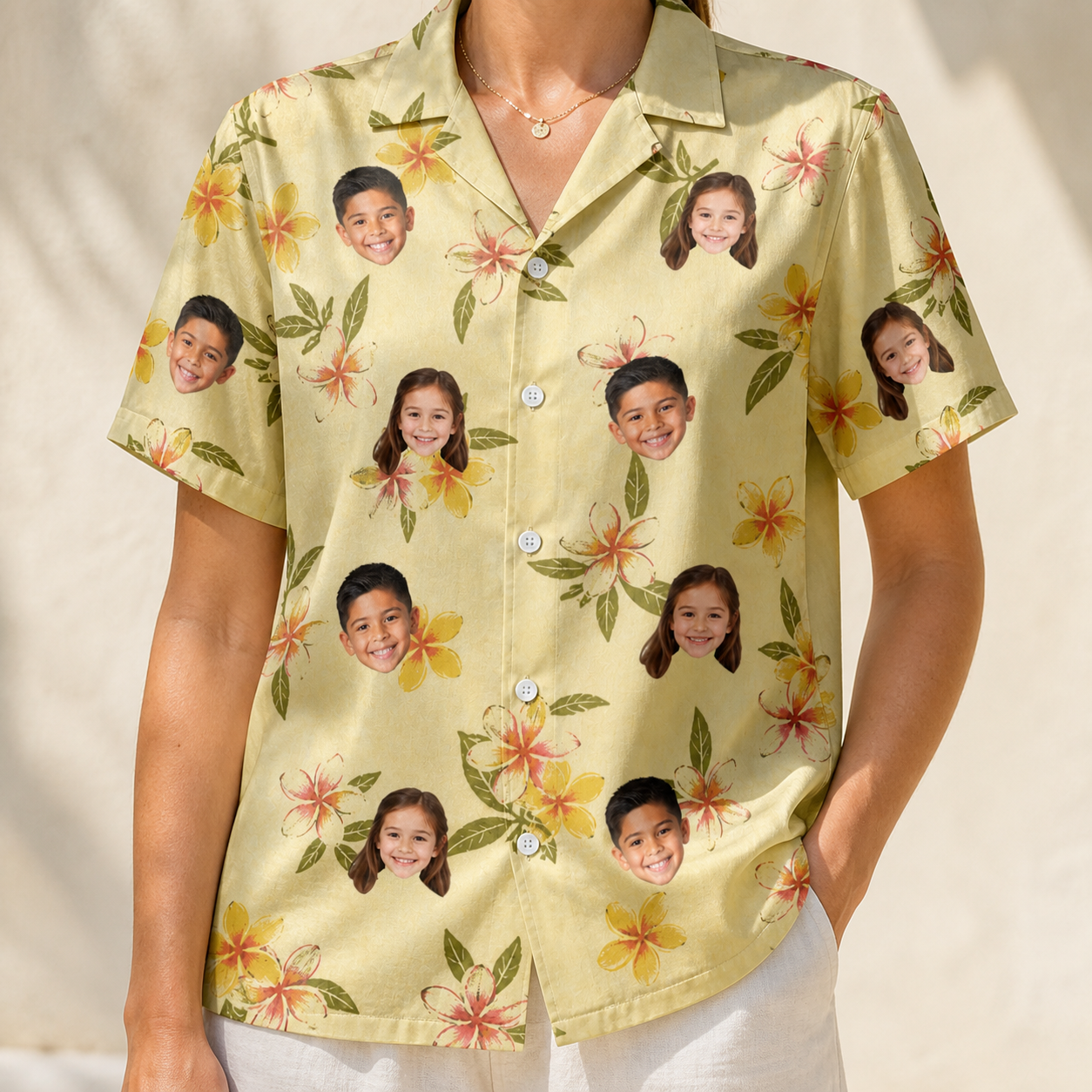 Model wearing Women's Frangipani Frolic Custom Face Hawaiian Shirt printed with kids' faces