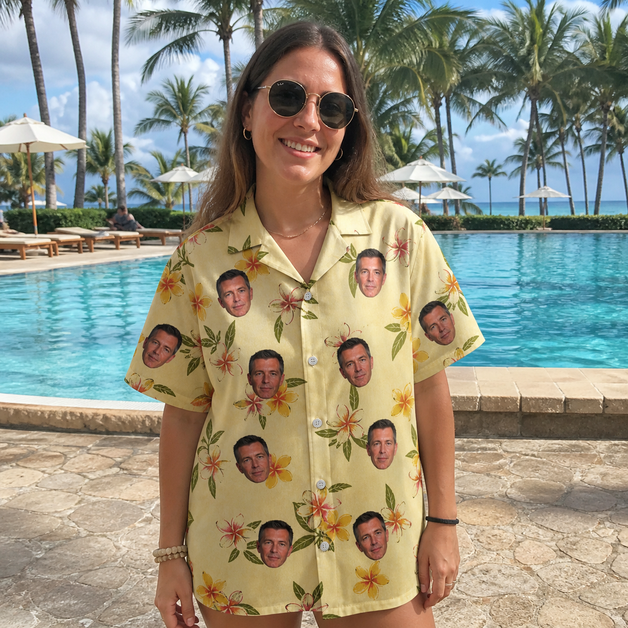 Real-life photo of someone wearing Women's Frangipani Frolic Custom Face Hawaiian Shirt — custom faces printed all-over