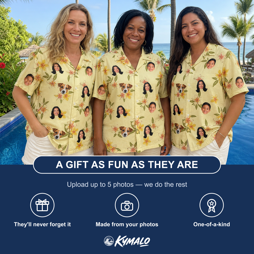 Friends in matching Women's Frangipani Frolic Custom Face Hawaiian Shirt — a group gift photo