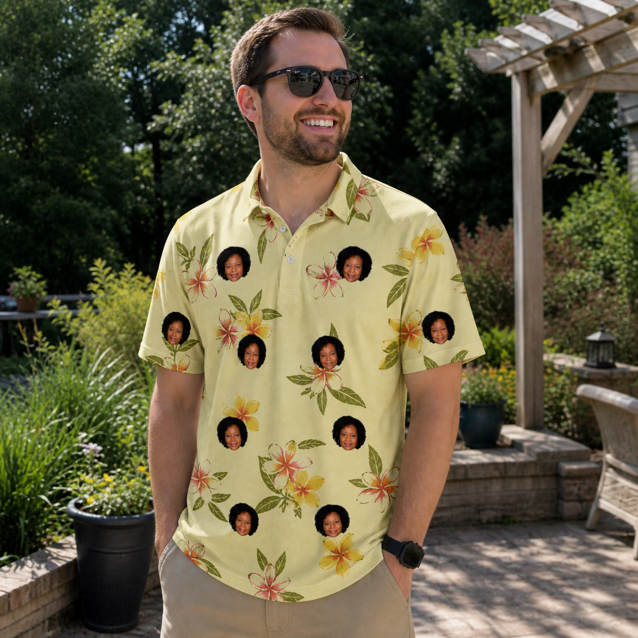 Real-life photo of someone wearing Men's Frangipani Frolic Custom Face Polo Shirt — custom faces printed all-over