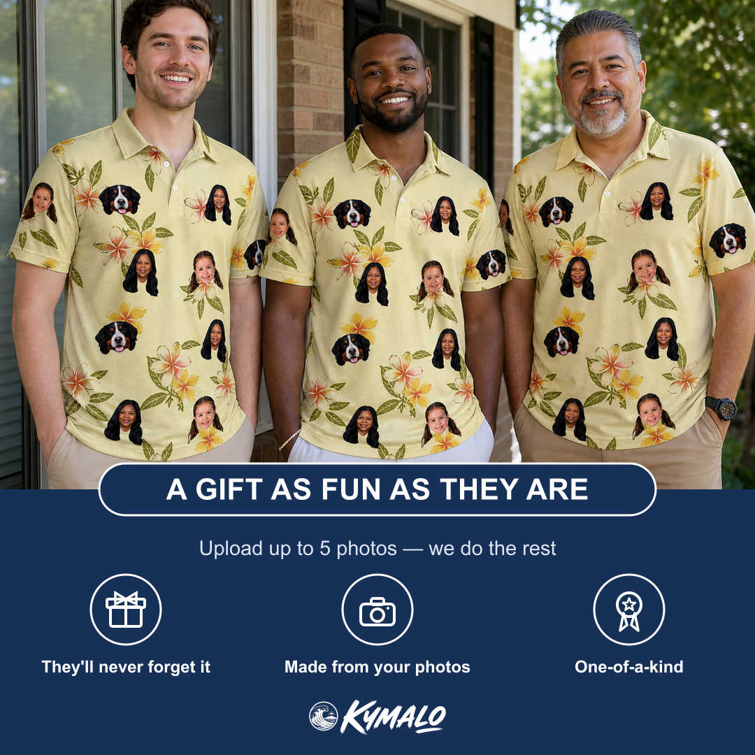 Friends in matching Men's Frangipani Frolic Custom Face Polo Shirt — a group gift photo