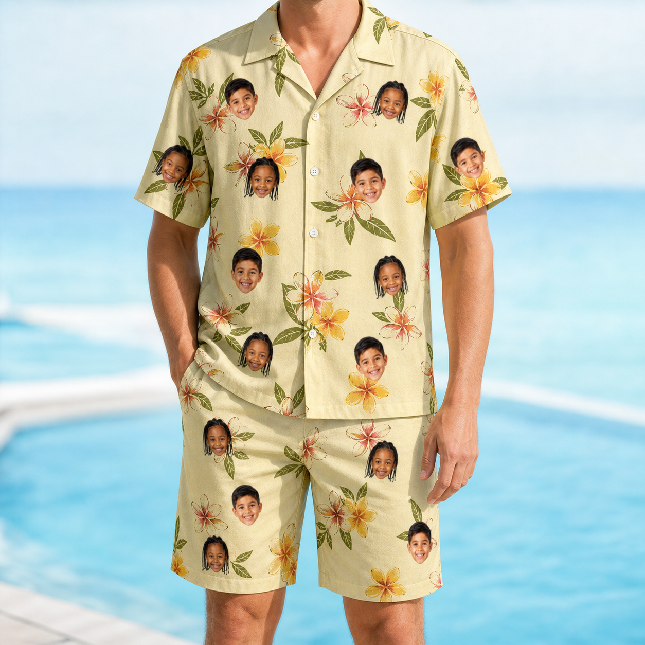 Model wearing Men's Frangipani Frolic Custom Face Shirt & Shorts Set printed with kids' faces