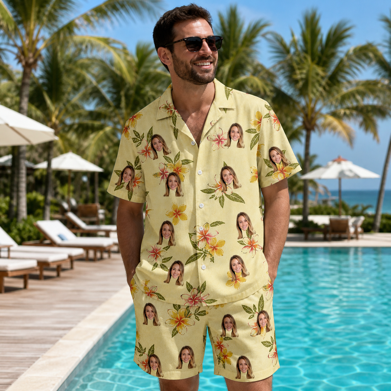 Real-life photo of someone wearing Men's Frangipani Frolic Custom Face Shirt & Shorts Set — custom faces printed all-over