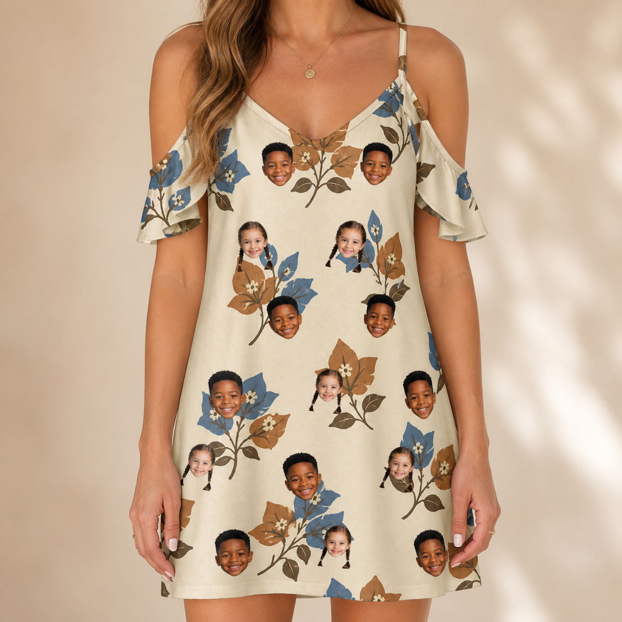 Model wearing Women's Bougainvillea Bounce Custom Face Off-Shoulder Dress printed with kids' faces