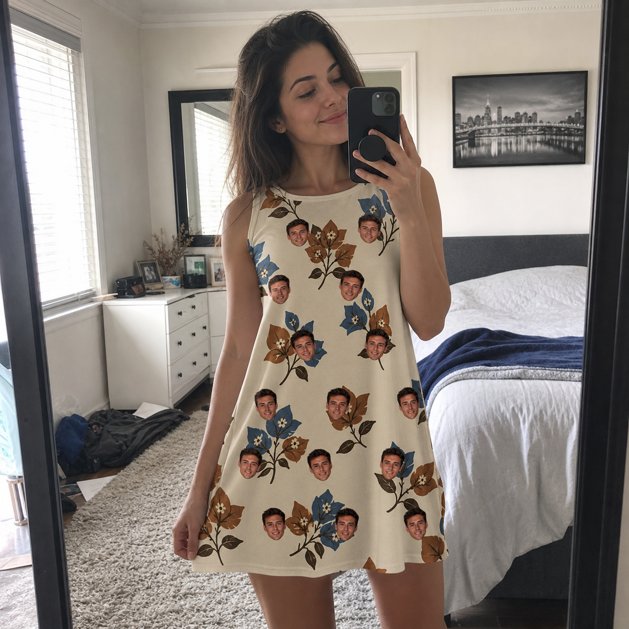 Real-life photo of someone wearing Women's Bougainvillea Bounce Custom Face Tank Dress — custom faces printed all-over