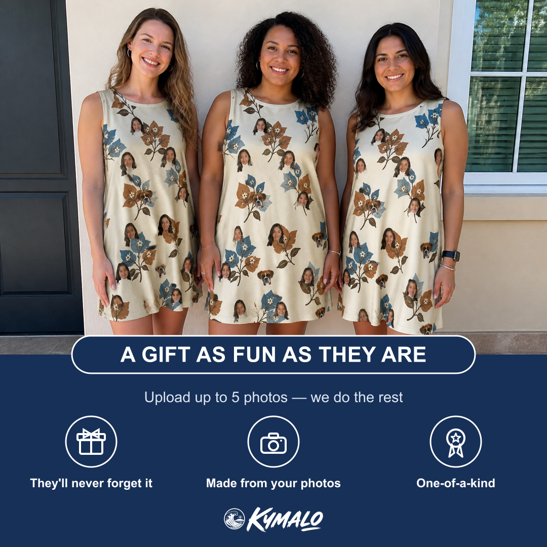 Friends in matching Women's Bougainvillea Bounce Custom Face Tank Dress — a group gift photo