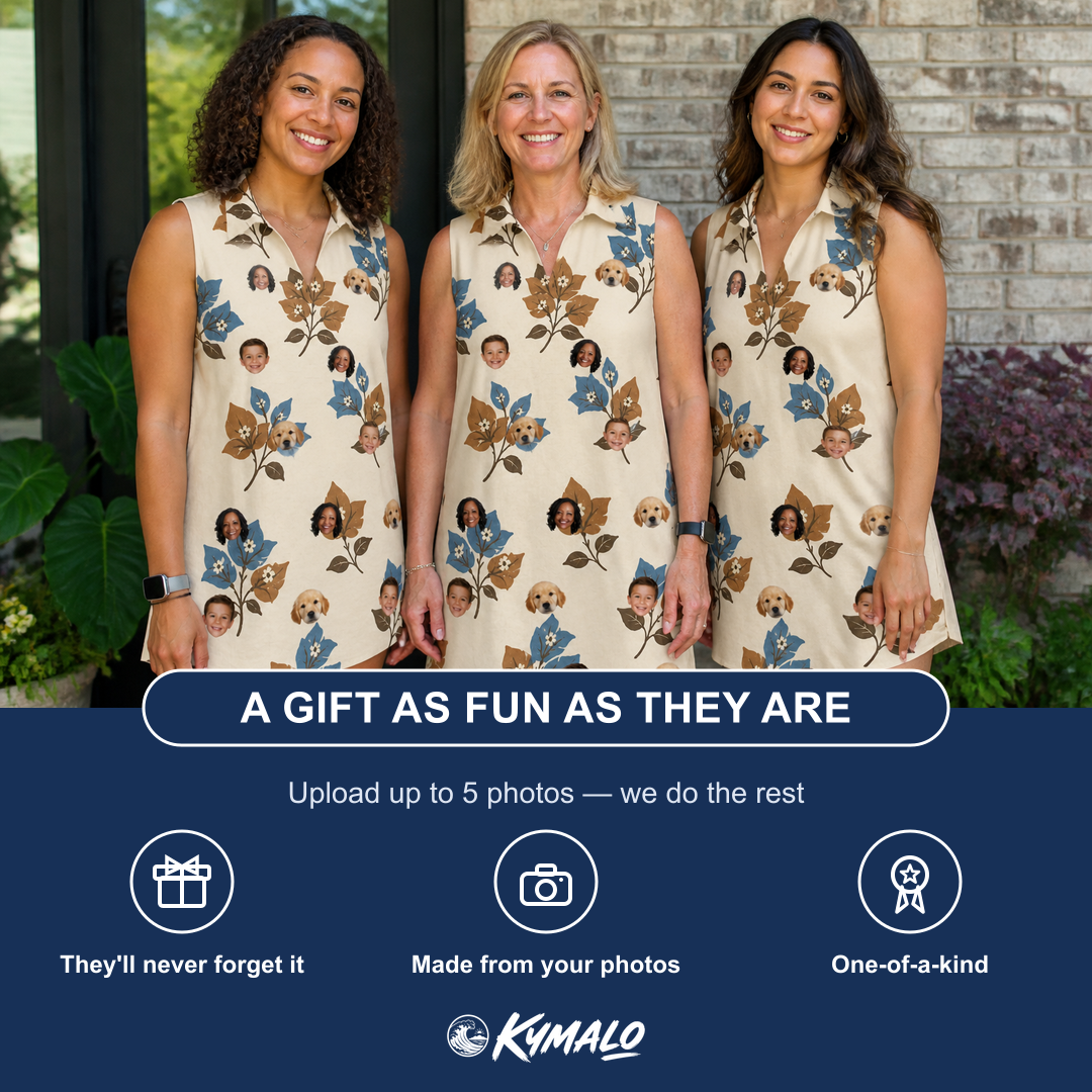 Friends in matching Women's Bougainvillea Bounce Custom Face V-Neck Dress — a group gift photo