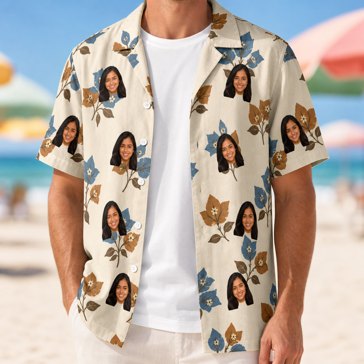 Man wearing Men's Bougainvillea Bounce Custom Face Hawaiian Shirt open over a white tee