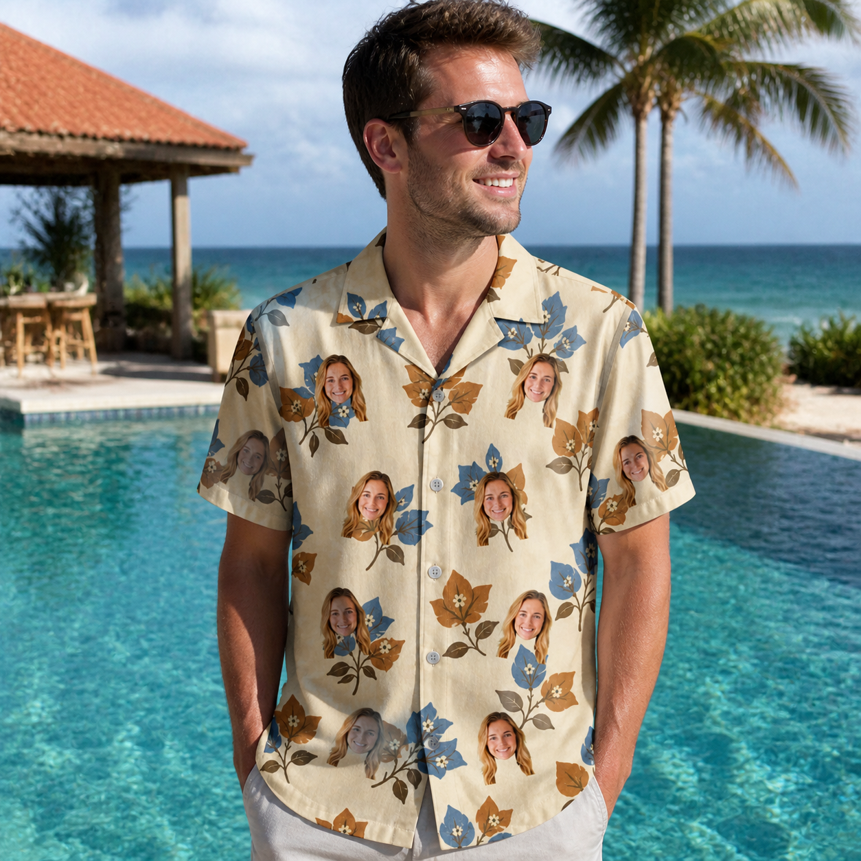 Real-life photo of someone wearing Men's Bougainvillea Bounce Custom Face Hawaiian Shirt — custom faces printed all-over