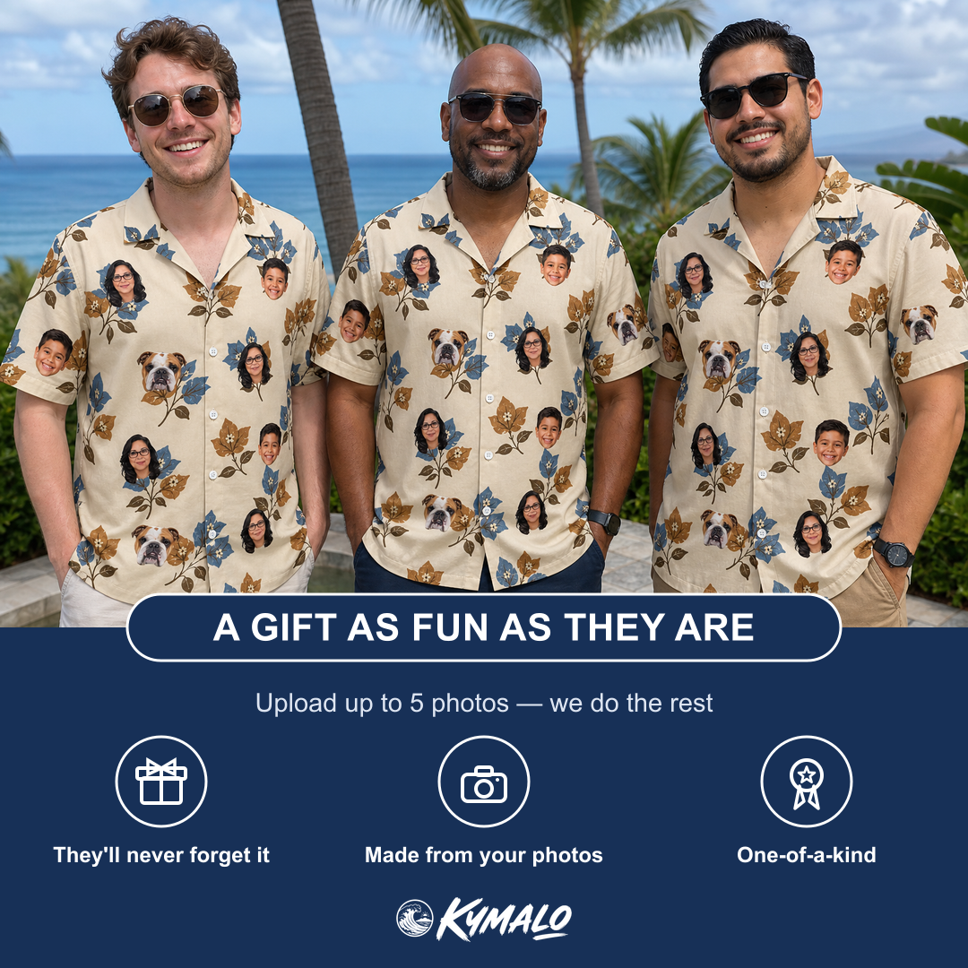 Friends in matching Men's Bougainvillea Bounce Custom Face Hawaiian Shirt — a group gift photo