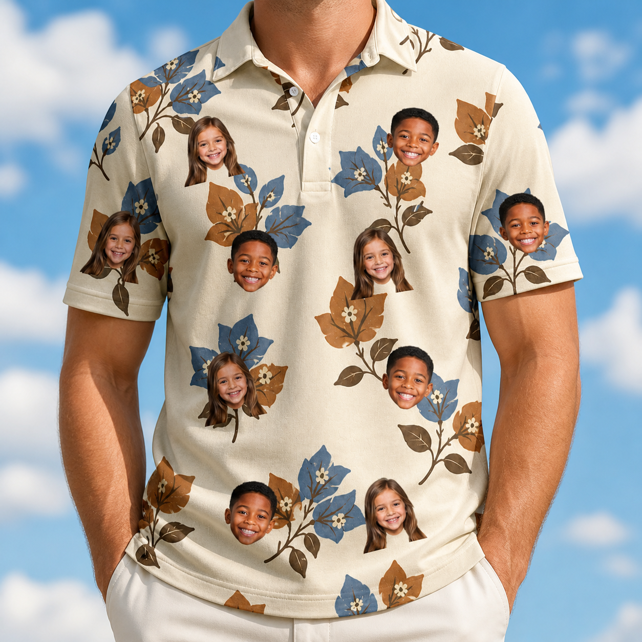 Model wearing Men's Bougainvillea Bounce Custom Face Polo Shirt printed with kids' faces