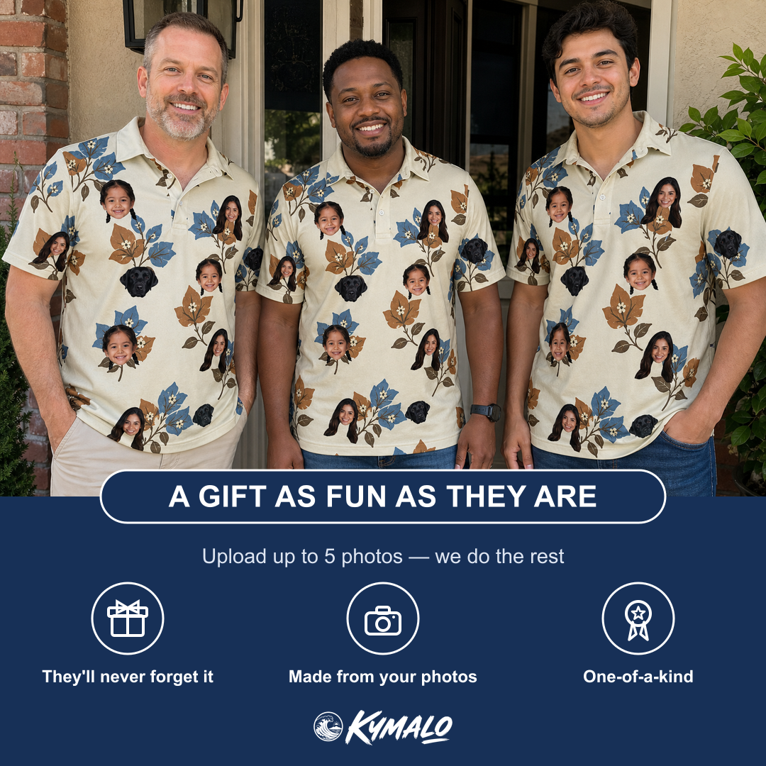 Friends in matching Men's Bougainvillea Bounce Custom Face Polo Shirt — a group gift photo