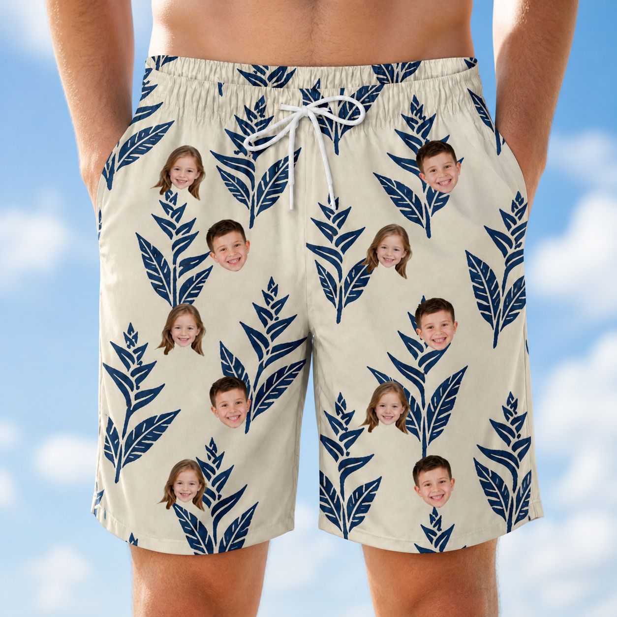 Model wearing Men's Scarlet Spikes Custom Face Beach Shorts printed with kids' faces