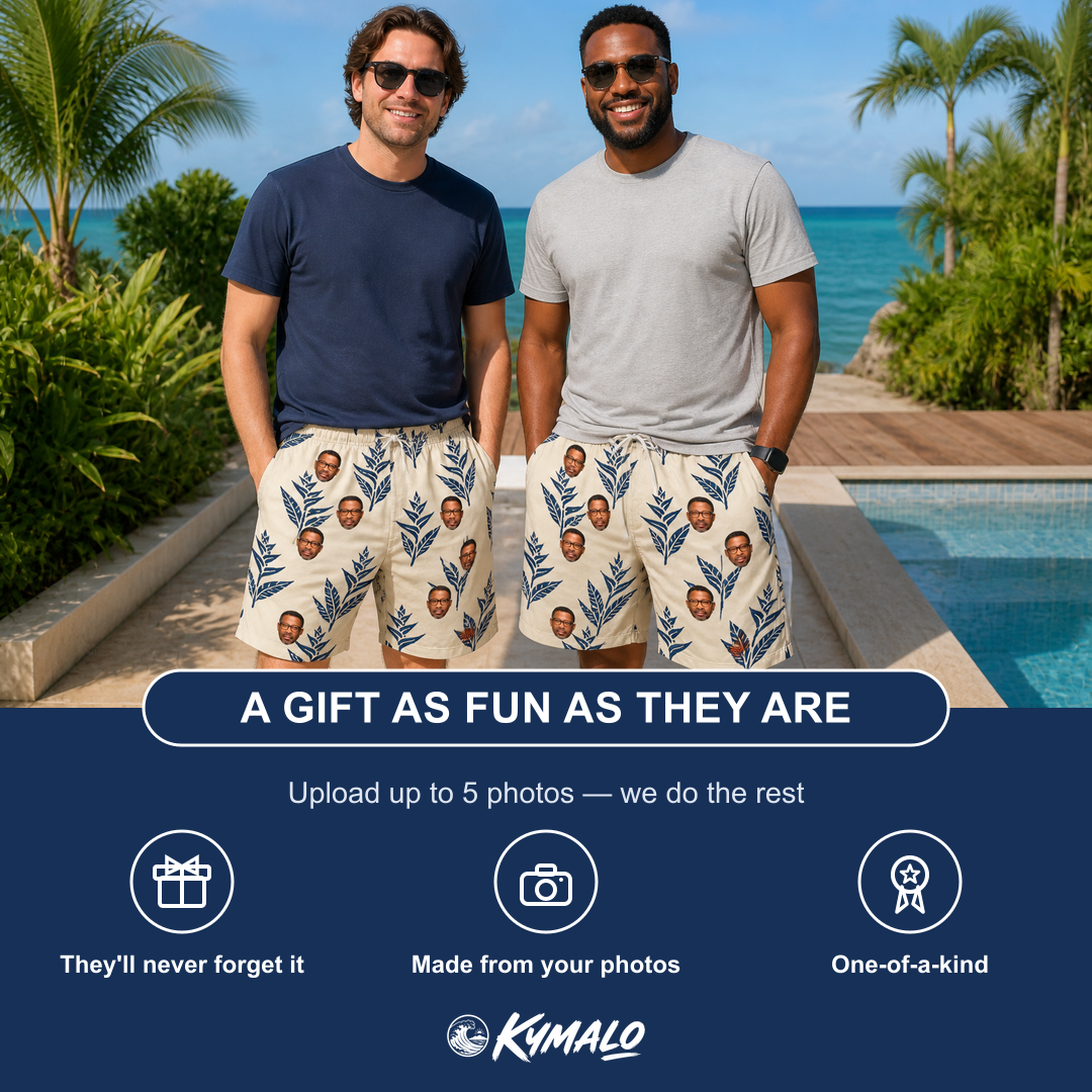 Friends in matching Men's Scarlet Spikes Custom Face Beach Shorts — a group gift photo