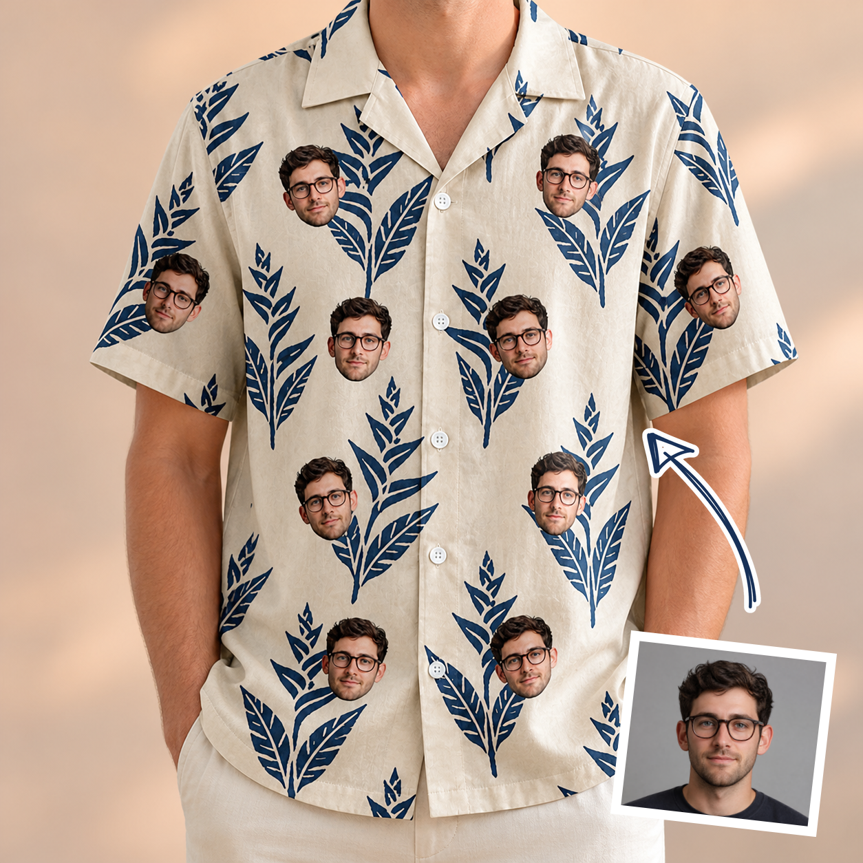 Man wearing Men's Scarlet Spikes Custom Face Hawaiian Shirt — custom faces printed all-over