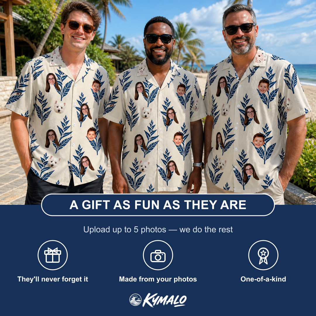 Friends in matching Men's Scarlet Spikes Custom Face Hawaiian Shirt — a group gift photo