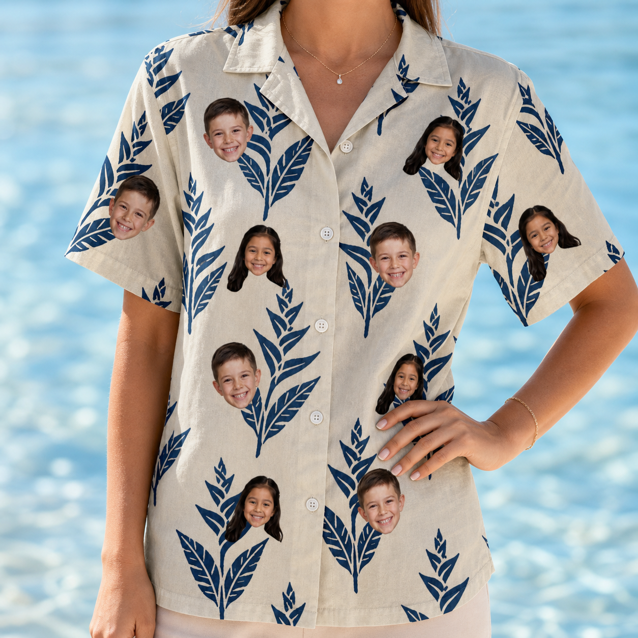 Model wearing Women's Scarlet Spikes Custom Face Hawaiian Shirt printed with kids' faces