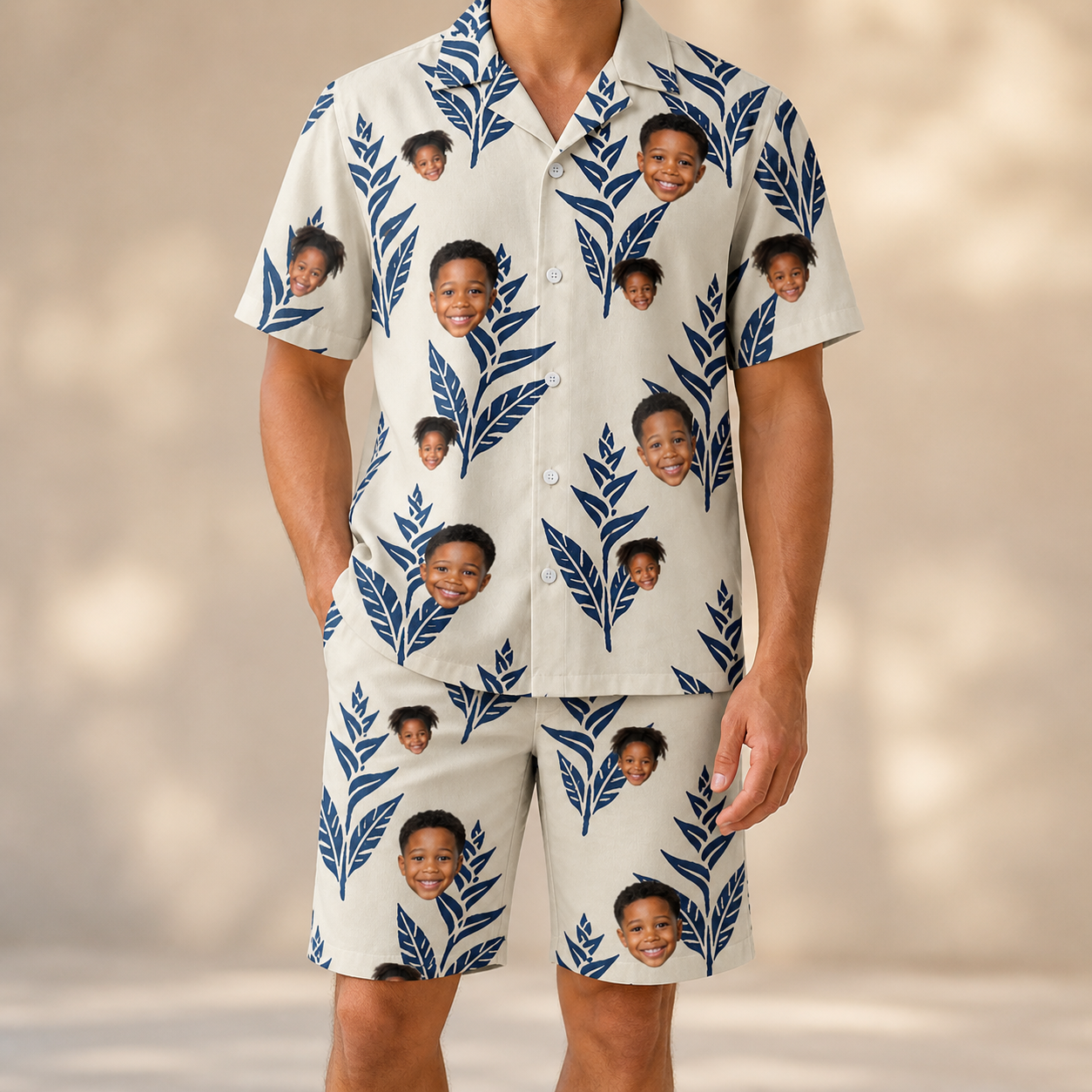 Model wearing Men's Scarlet Spikes Custom Face Shirt & Shorts Set printed with kids' faces