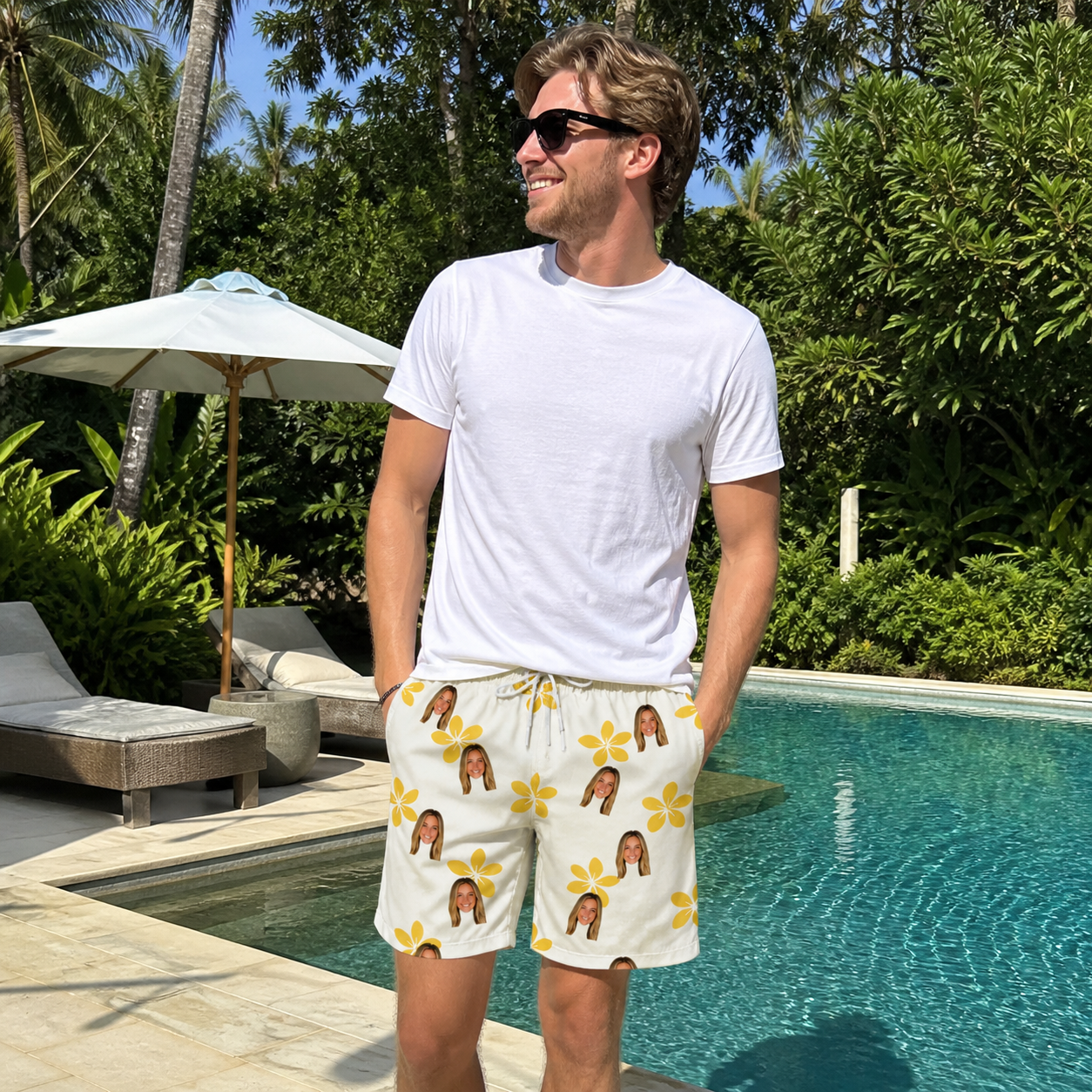 Real-life photo of someone wearing Men's Island Incense Custom Face Beach Shorts — custom faces printed all-over