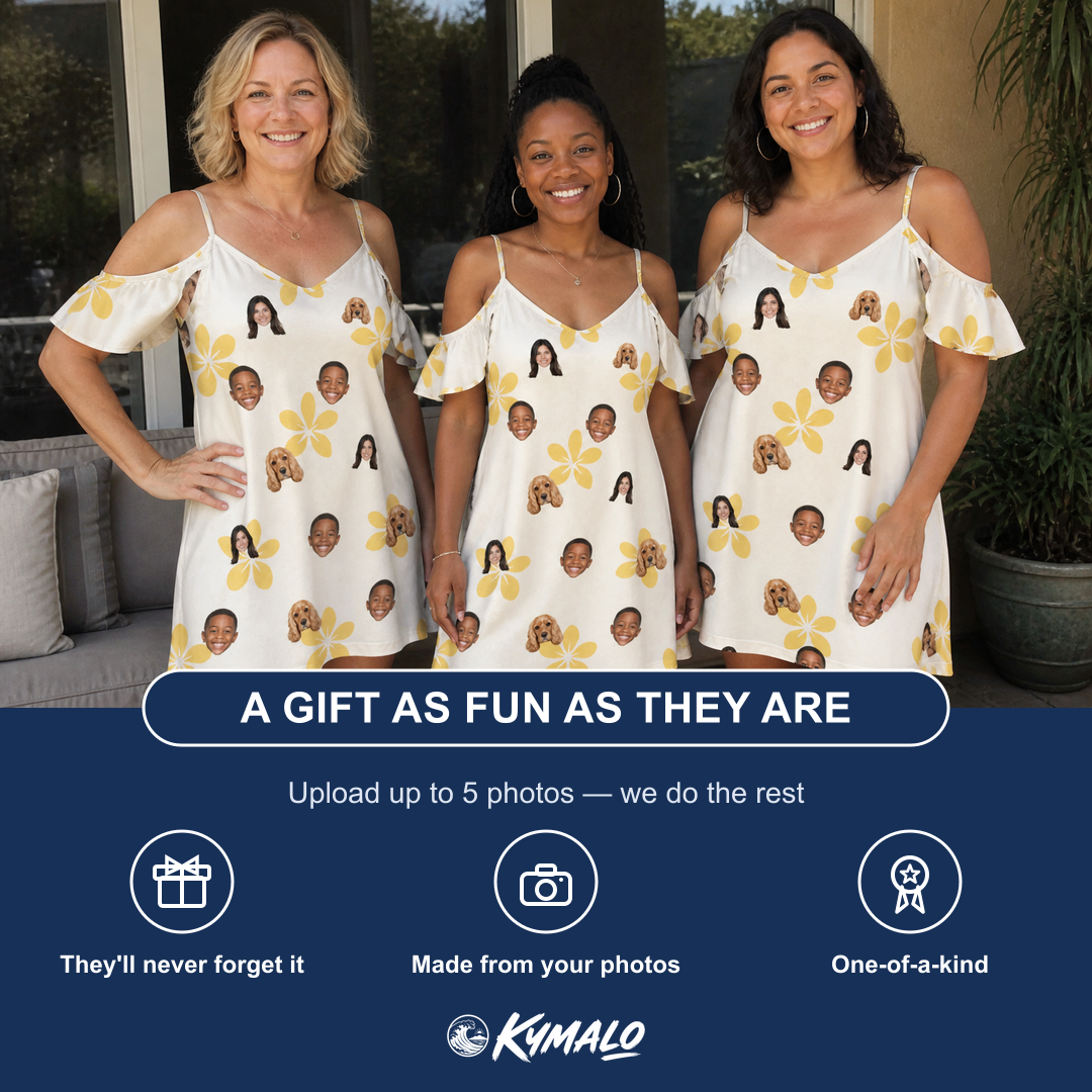 Friends in matching Women's Island Incense Custom Face Off-Shoulder Dress — a group gift photo