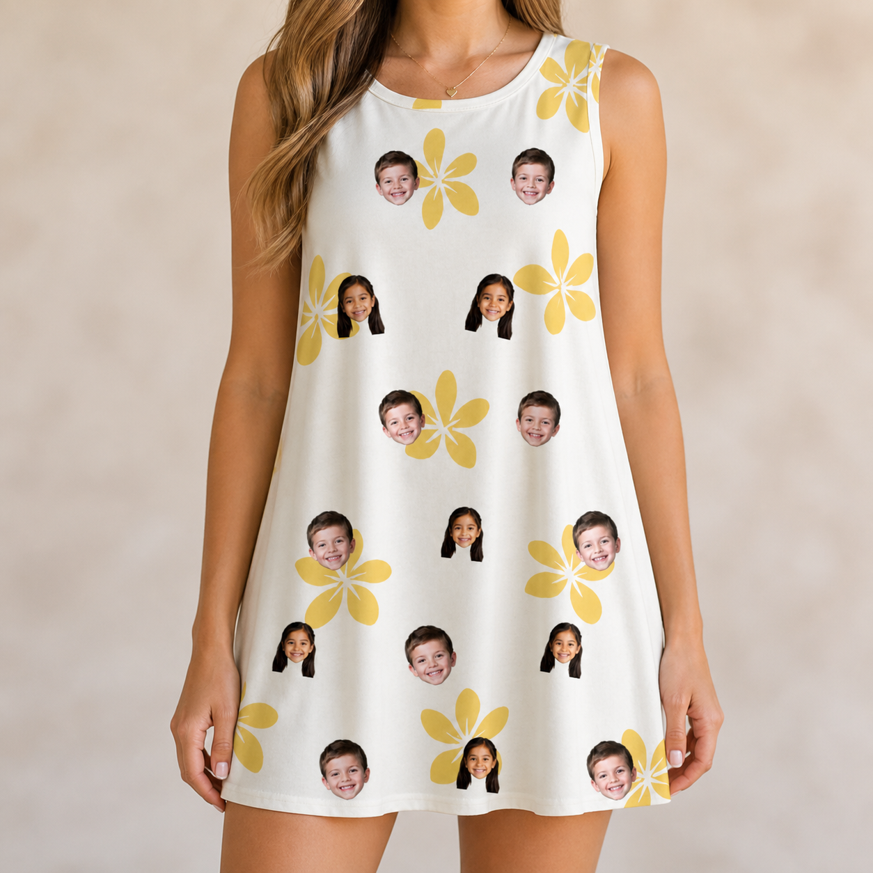 Model wearing Women's Island Incense Custom Face Tank Dress printed with kids' faces