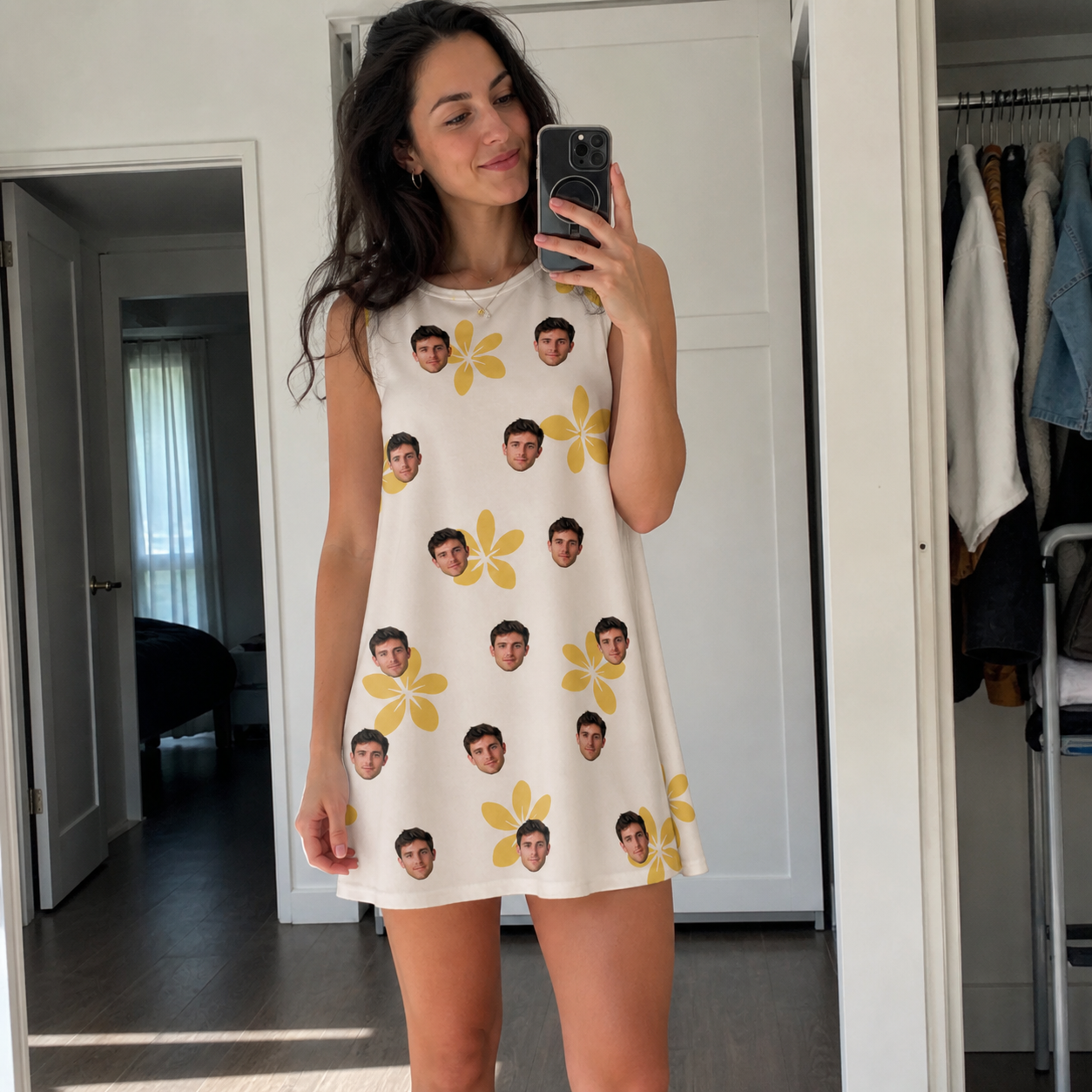 Real-life photo of someone wearing Women's Island Incense Custom Face Tank Dress — custom faces printed all-over