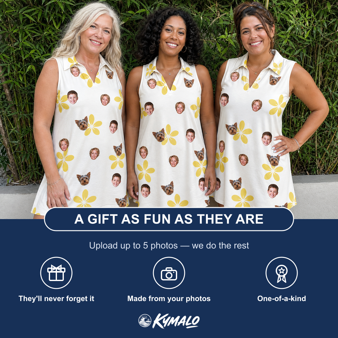 Friends in matching Women's Island Incense Custom Face V-Neck Dress — a group gift photo