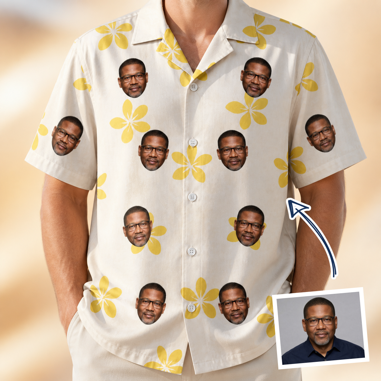 Man wearing Men's Island Incense Custom Face Hawaiian Shirt — custom faces printed all-over