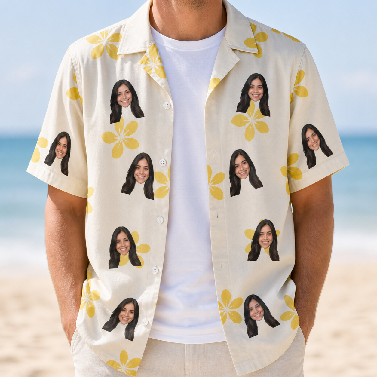 Man wearing Men's Island Incense Custom Face Hawaiian Shirt open over a white tee