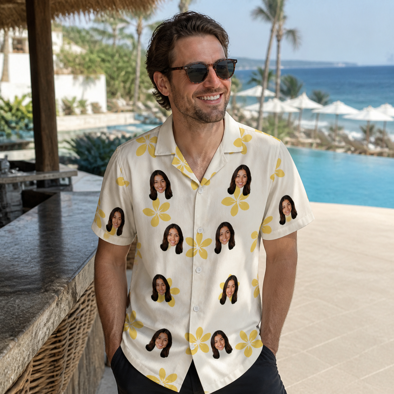 Real-life photo of someone wearing Men's Island Incense Custom Face Hawaiian Shirt — custom faces printed all-over