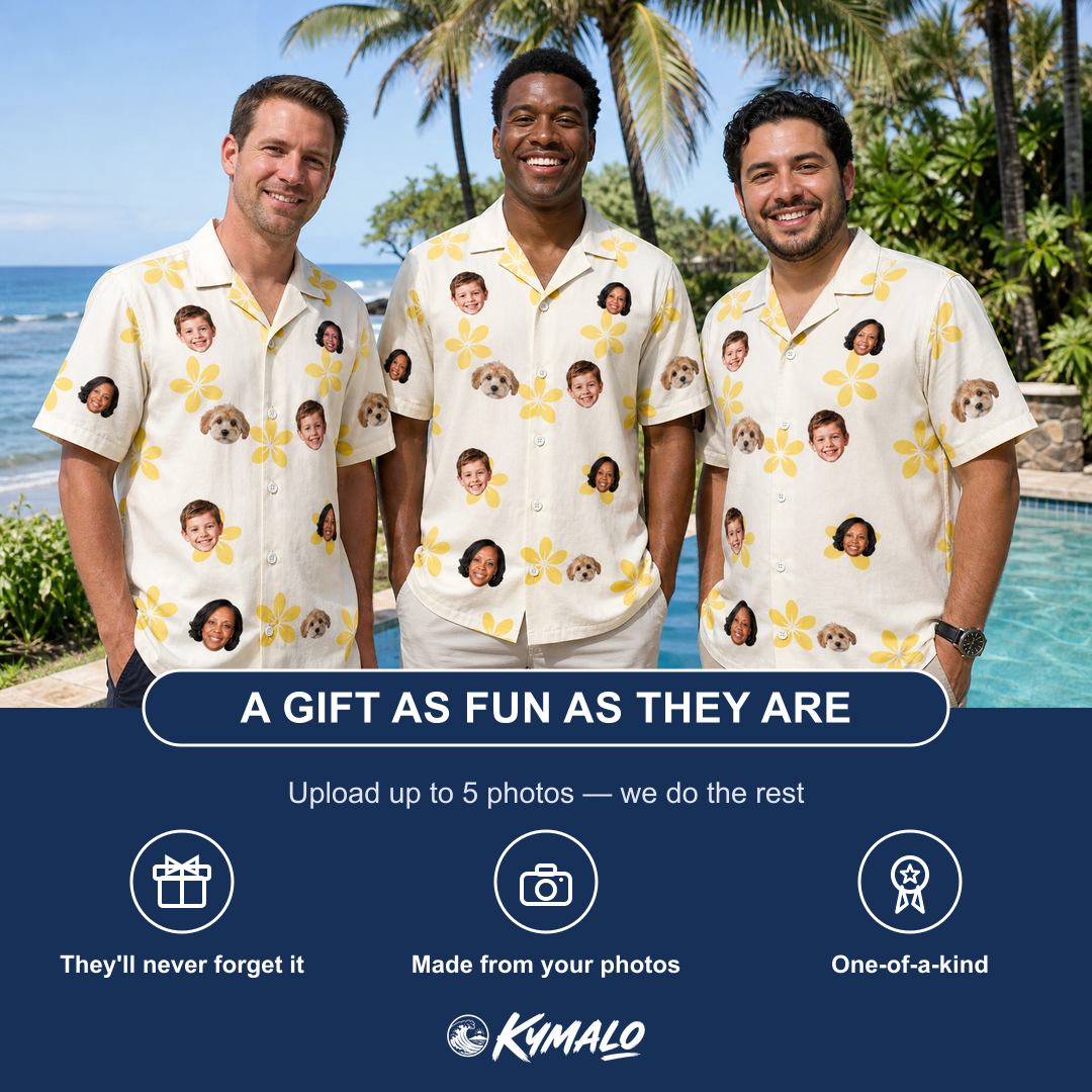 Friends in matching Men's Island Incense Custom Face Hawaiian Shirt — a group gift photo