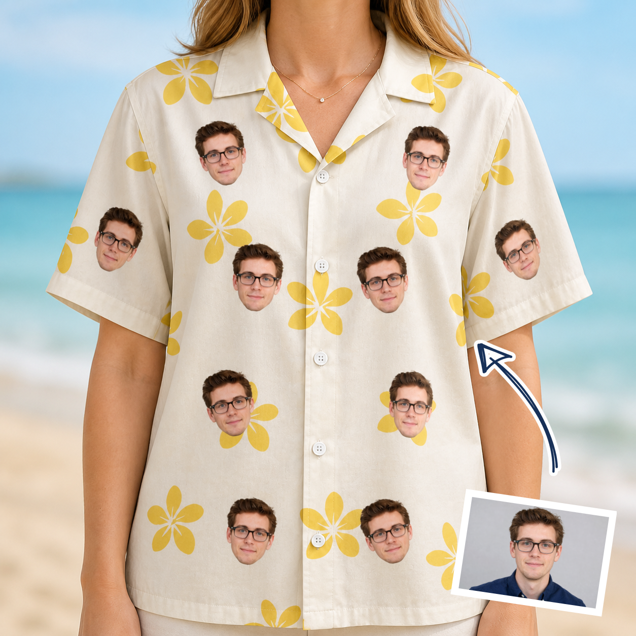 Woman wearing Women's Island Incense Custom Face Hawaiian Shirt — custom faces printed all-over