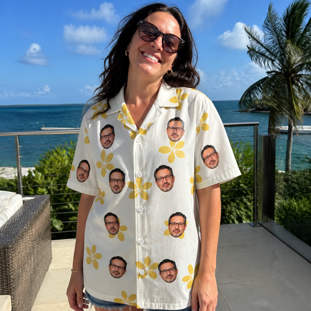 Real-life photo of someone wearing Women's Island Incense Custom Face Hawaiian Shirt — custom faces printed all-over